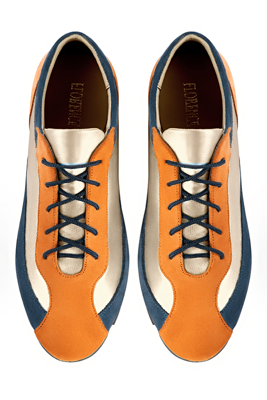 Apricot orange, gold and peacock blue women's three-tone elegant sneakers. Round toe. Flat rubber soles. Top view - Florence KOOIJMAN